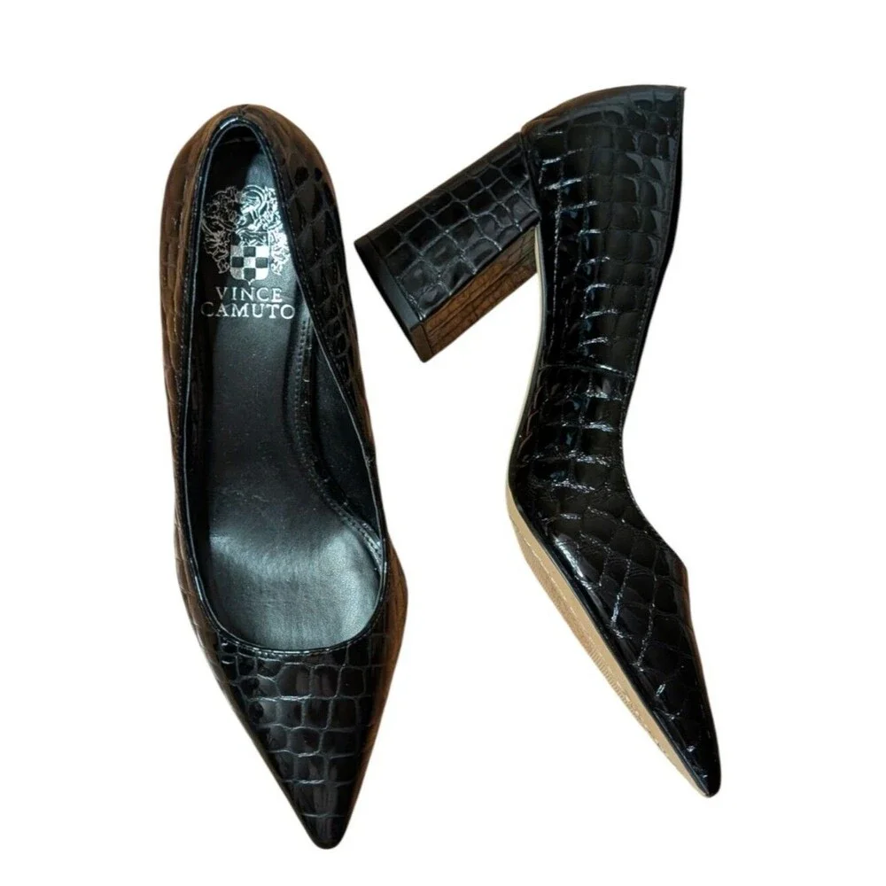 Vince Camuto Black Croc Embossed Leather Pointed Toe Block Heel Pumps Size 9M